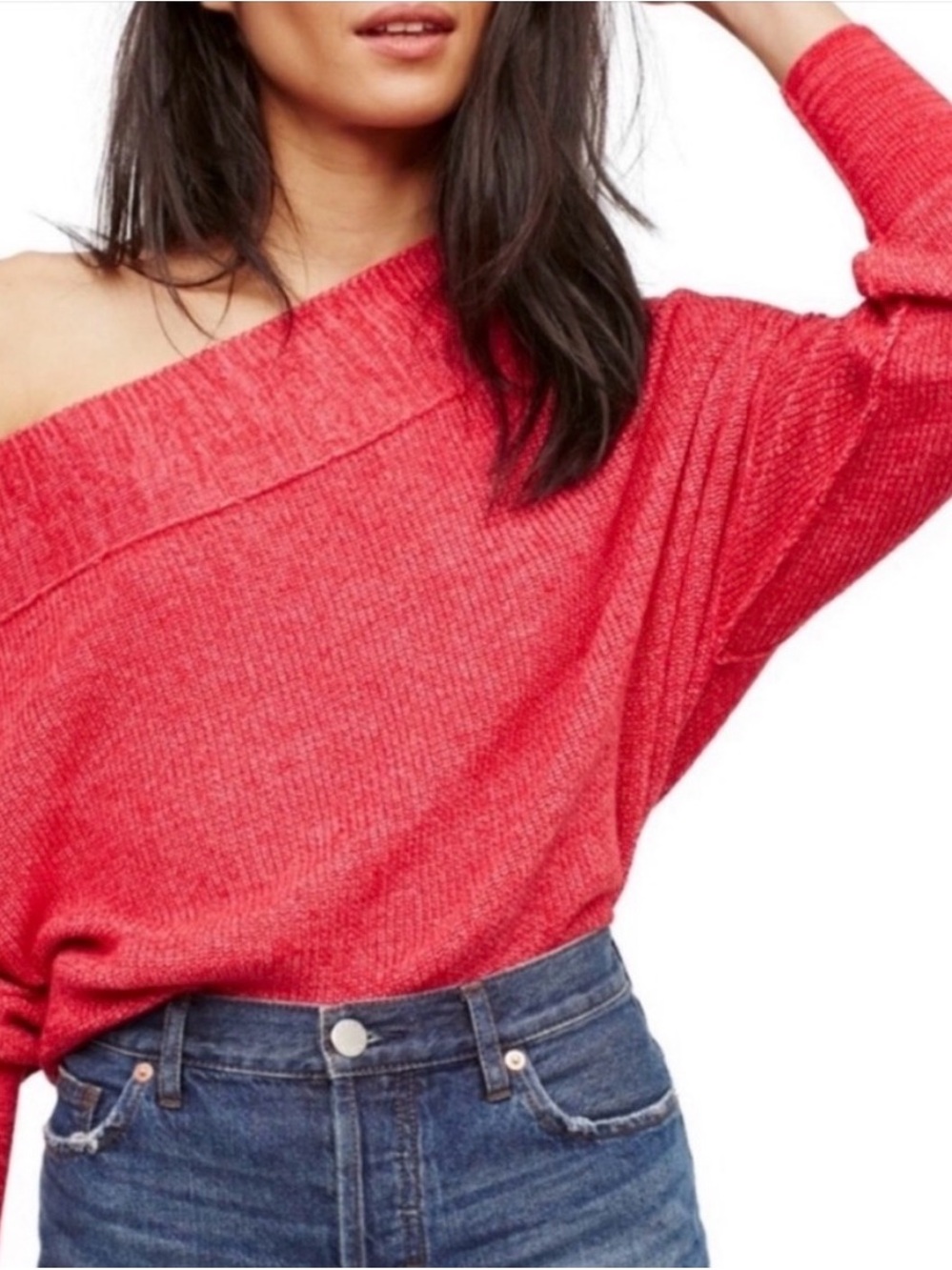 Free People Linen Blend Cable Knit Off Shoulder Sweater Red Sz P S Womens Boho